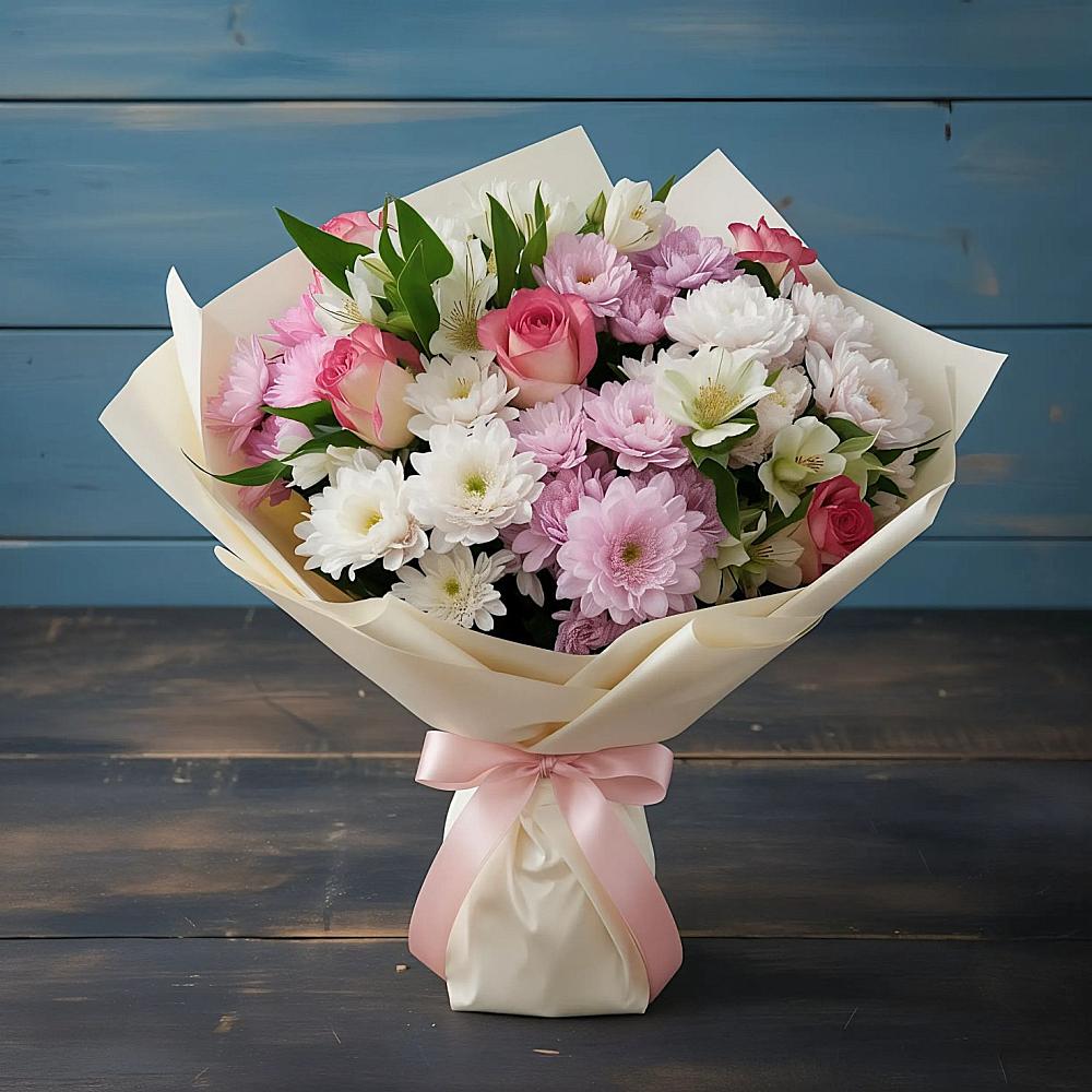 Букет цветов из: Хризантемы, Альстромерии и Розы в Заринск